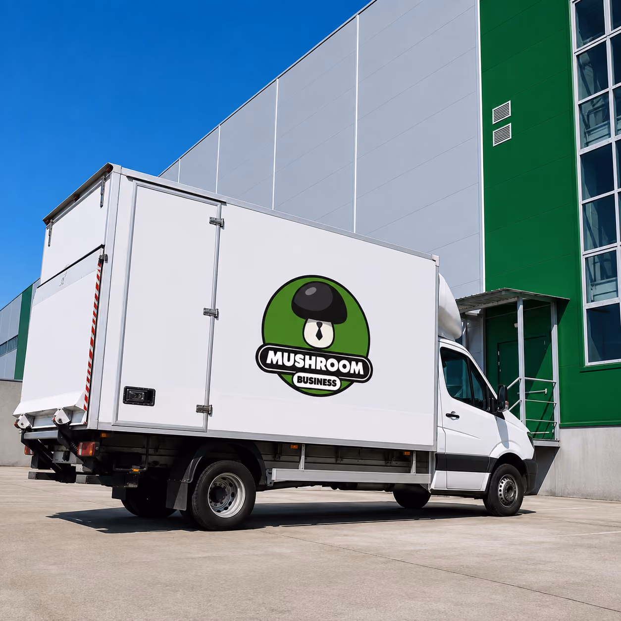 White delivery truck with a green mushroom business logo parked next to a modern building.