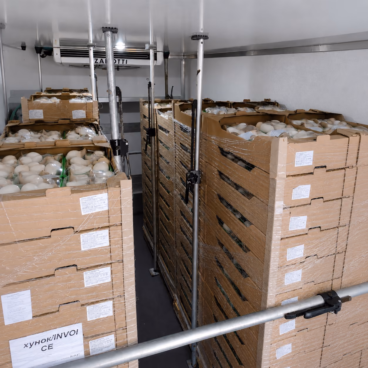 Stacked cardboard boxes filled with white mushrooms inside a refrigerated storage room.