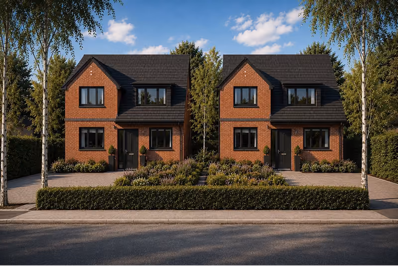 Two identical modern red brick houses with black roofs, front gardens, and driveways under a blue sky.