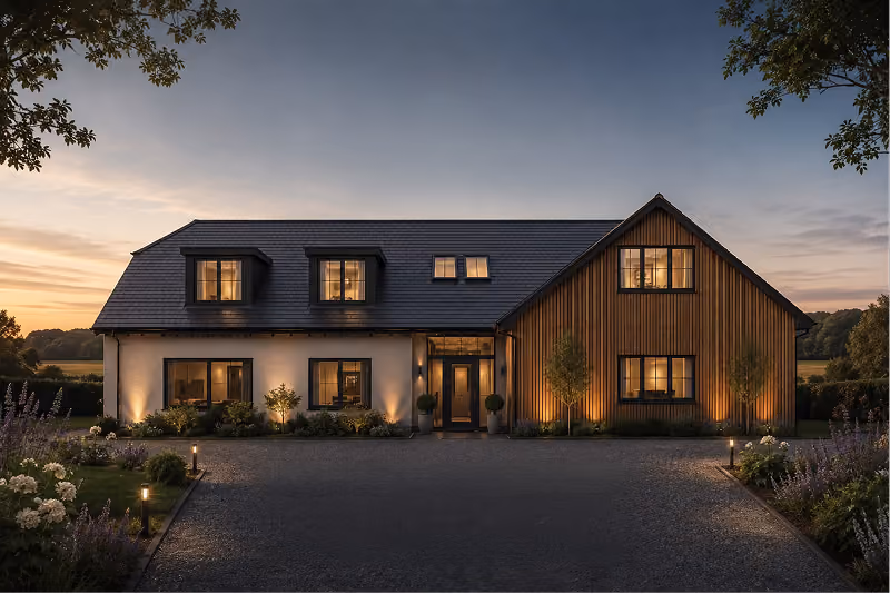 Modern house at dusk with illuminated windows and landscaped garden with driveway.