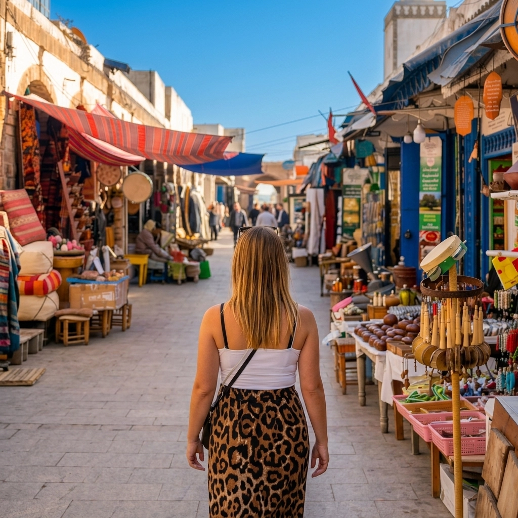 Photo de Léa Ribeiro, fondatrice de Casaniyya, marchant de dos dans un marché au Maroc