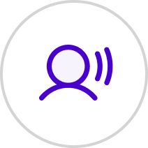 Purple icon of a person with two curved lines next to the head, symbolizing sound or speaking, inside a light gray circle.
