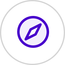 Purple compass icon inside a light purple circle with a gray outer ring on a white background.