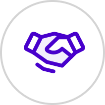 Purple handshake icon inside a light gray circle border on a white background.