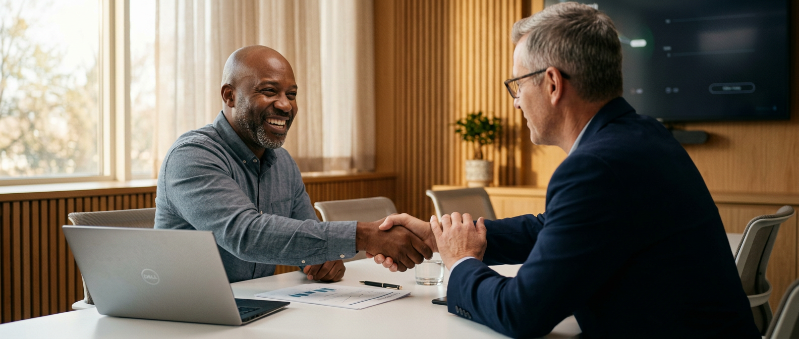 Two colleagues in conversation across a meeting room table