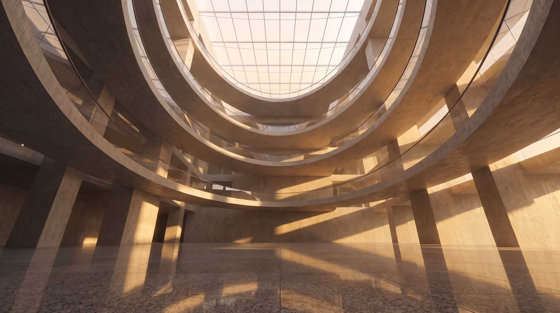 Modern library with curved concrete balconies
