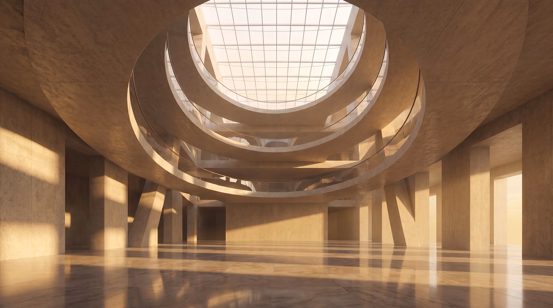 Oval skylight above curved balconies in a modern foyer