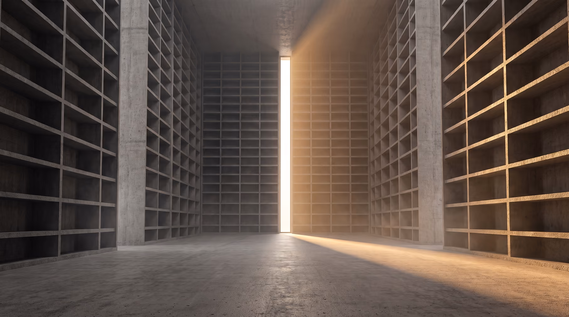 Bright brutalist library interior in concrete