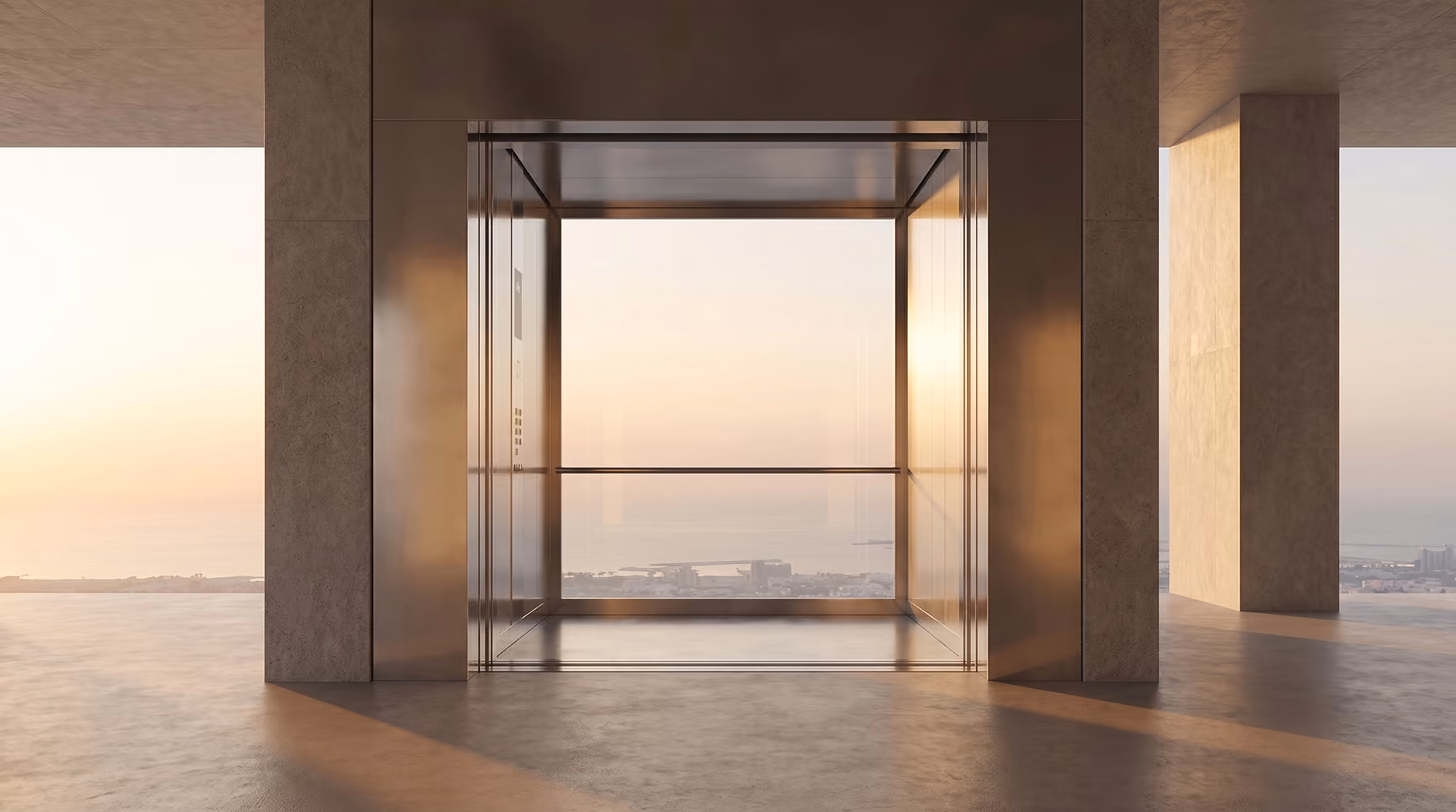 Elevator lobby with a sunset view