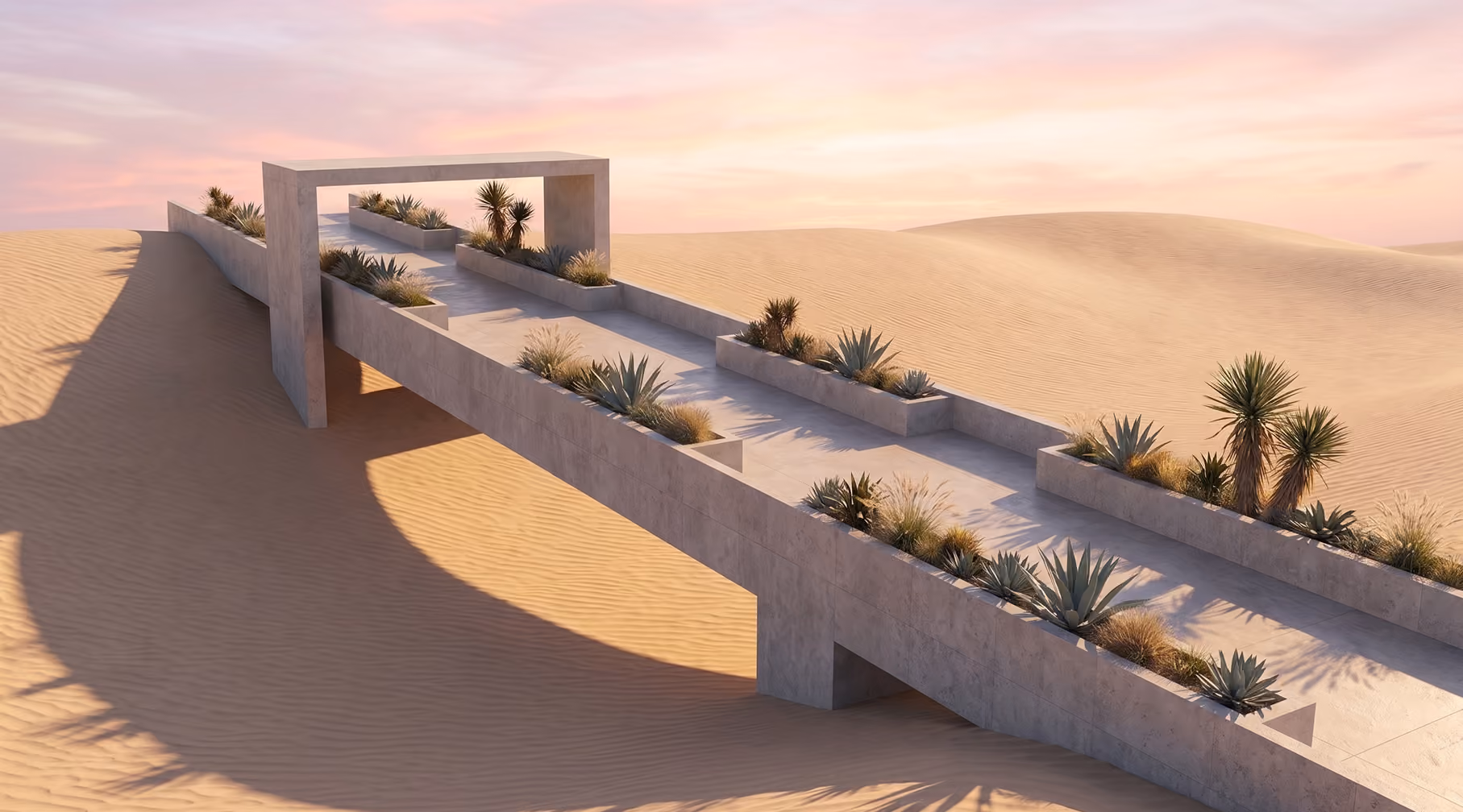 Concrete footbridge spanning desert dunes