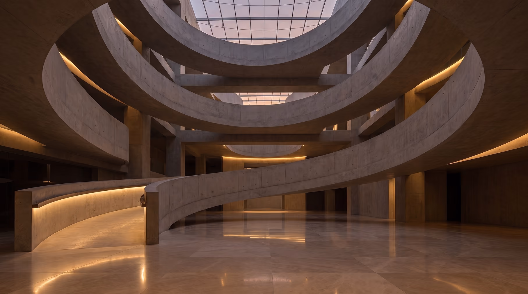 Curved walkways inside a modern shopping pavilion