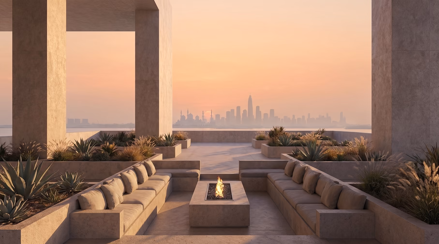 Concrete garden lounge inside an atrium