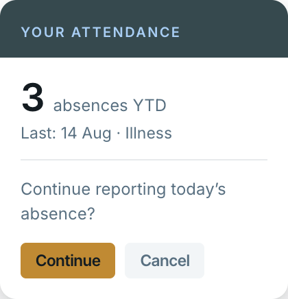 An employee sees their year-to-date absence count before continuing to report