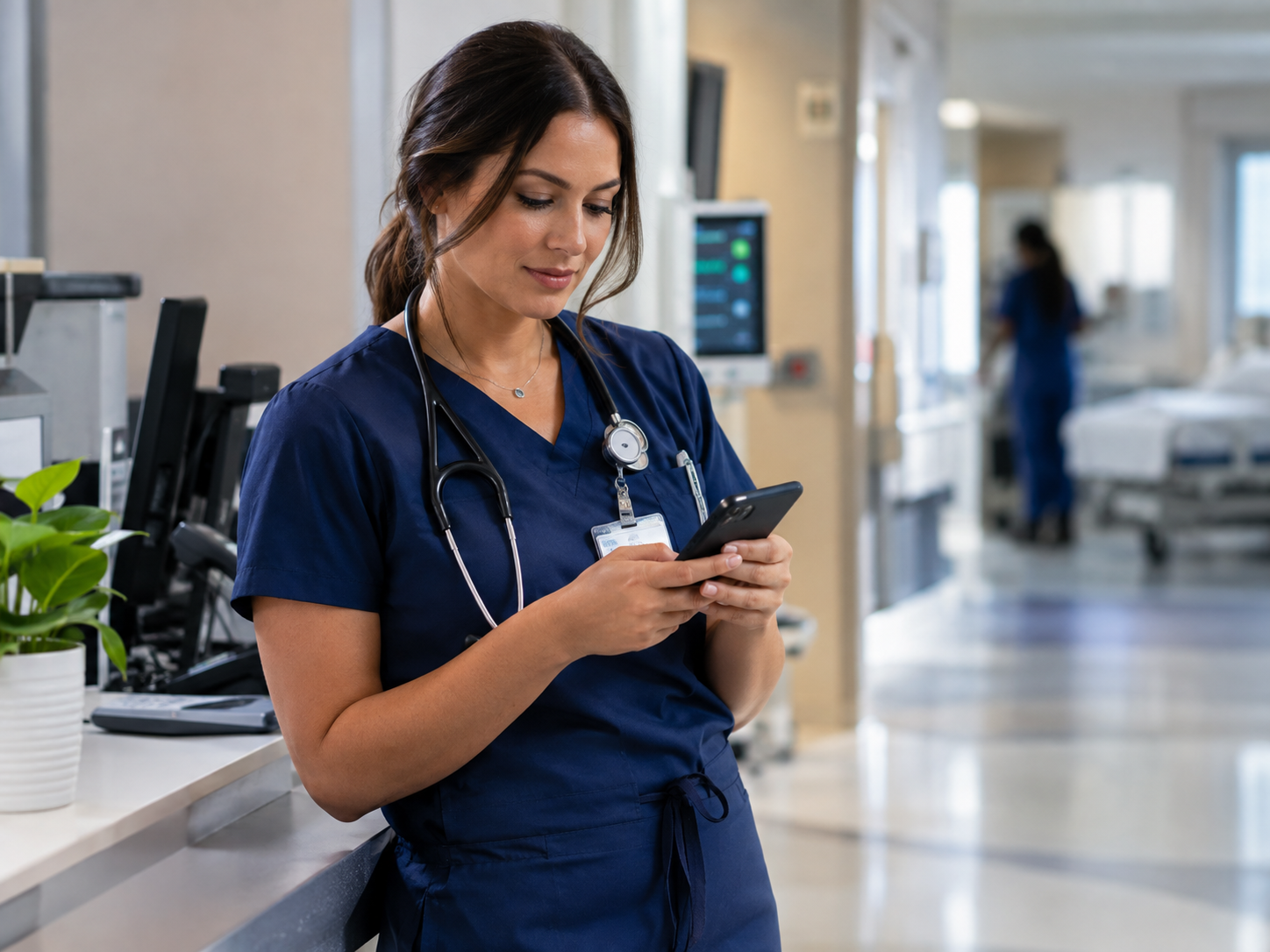A nurse in navy scrubs on a hospital unit reading a message on her phone, with the corridor and nurses station active behind her