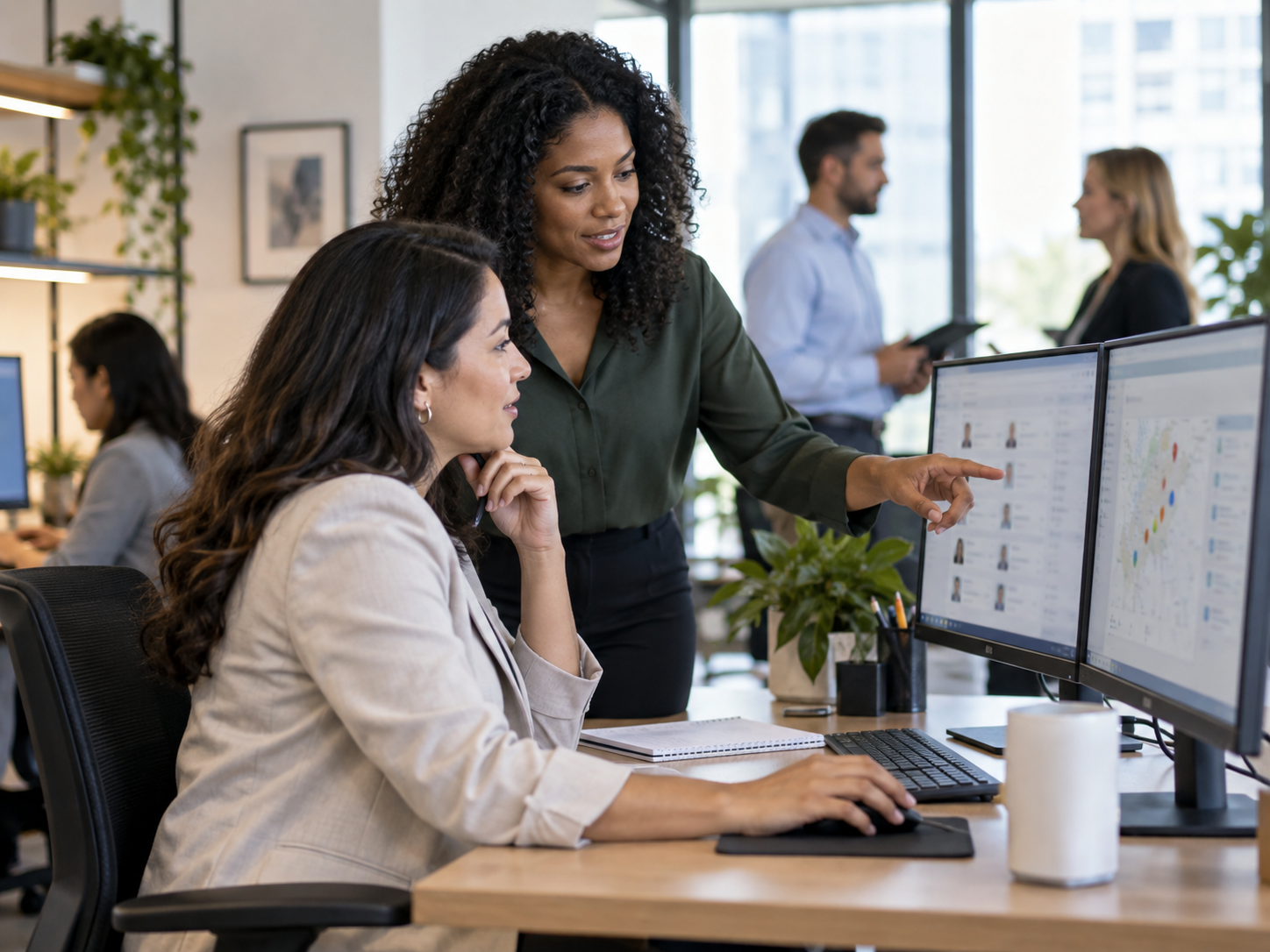 Two staffing coordinators reviewing an open coverage request together on screen, with colleagues working behind them