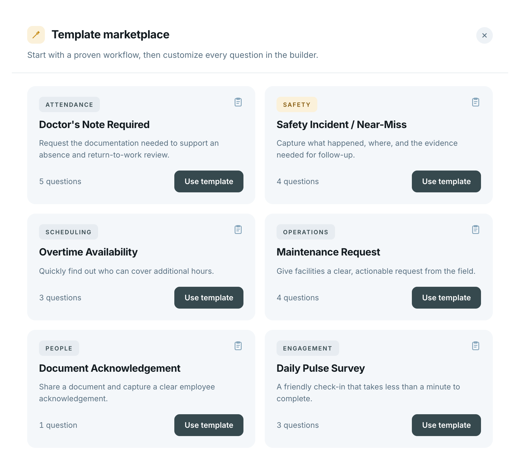 The Frekyl template marketplace — Doctor's Note Required, Safety Incident / Near-Miss, Overtime Availability, Maintenance Request, Document Acknowledgement and Daily Pulse Survey templates, each with a question count and a use template action