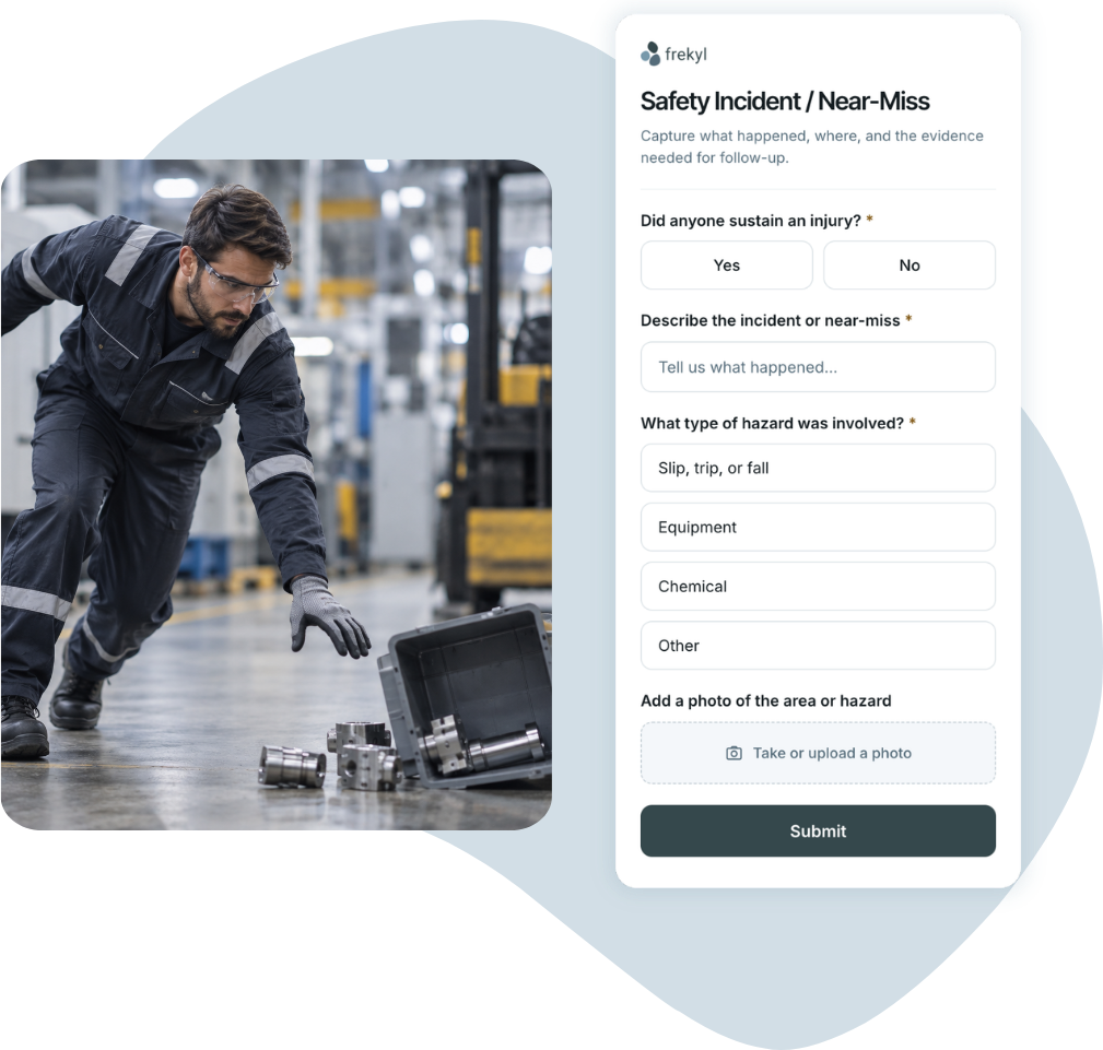 An operator on the plant floor beside dropped equipment, and the Safety Incident form open on a phone with yes/no, short answer, multiple choice and photo upload