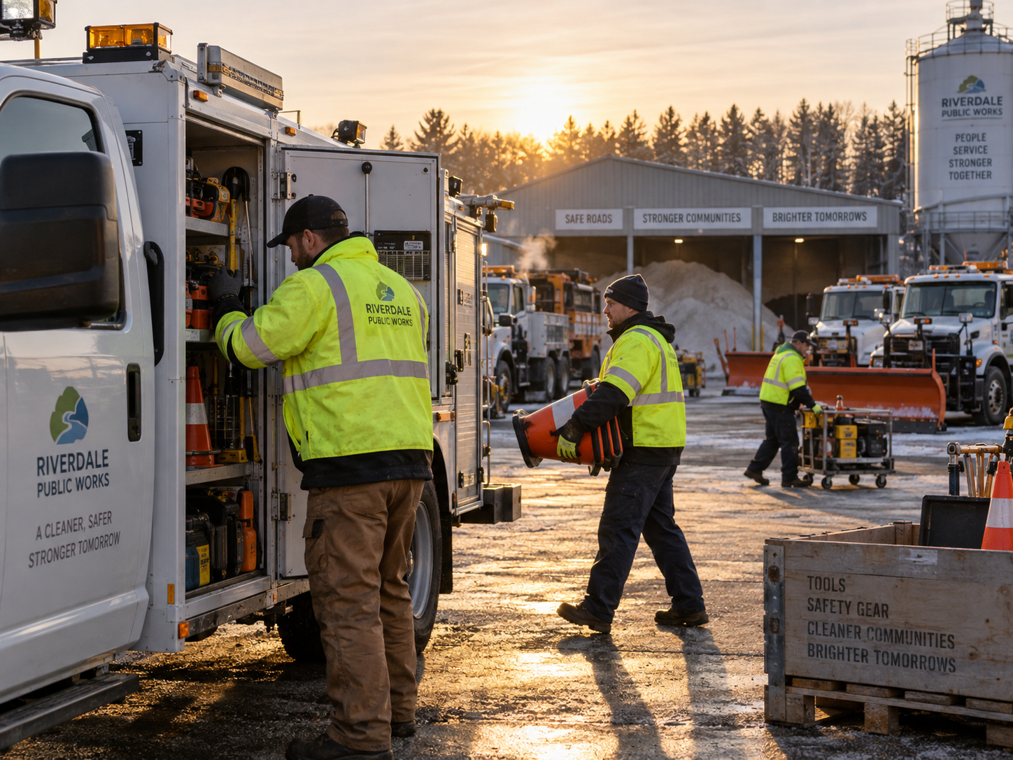 A municipal public works crew loading equipment from a service truck in a depot yard at sunrise, with plow trucks and a salt shed behind them