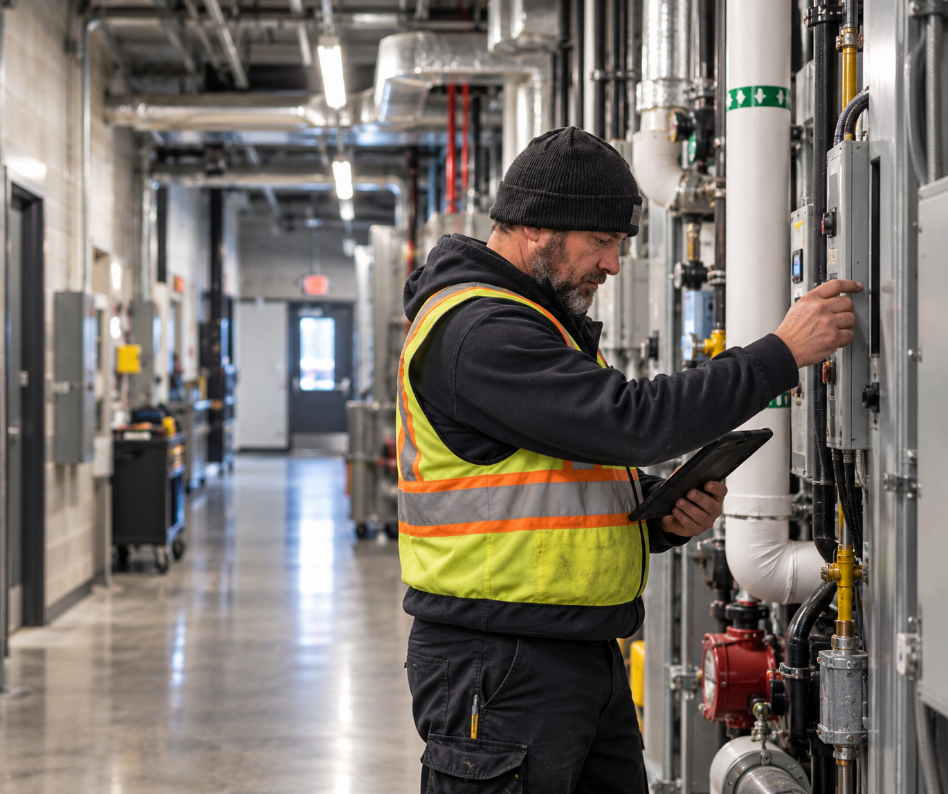 A facilities technician checking a control panel with a tablet in the service corridor of a municipal building