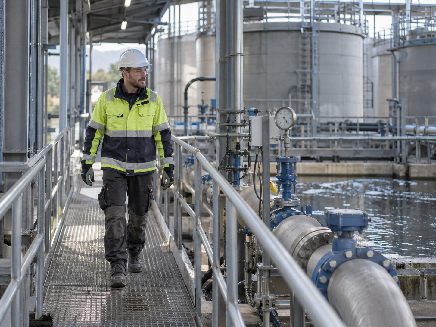 A water treatment operator walking a walkway between clarifier tanks and pipework at a treatment facility
