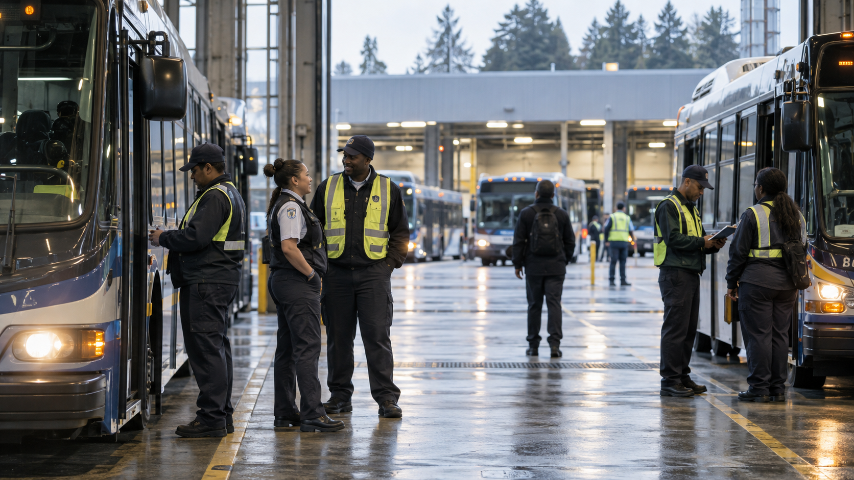 Transit operators and supervisors talking on the floor of a bus garage at shift change, with buses lined up on both sides