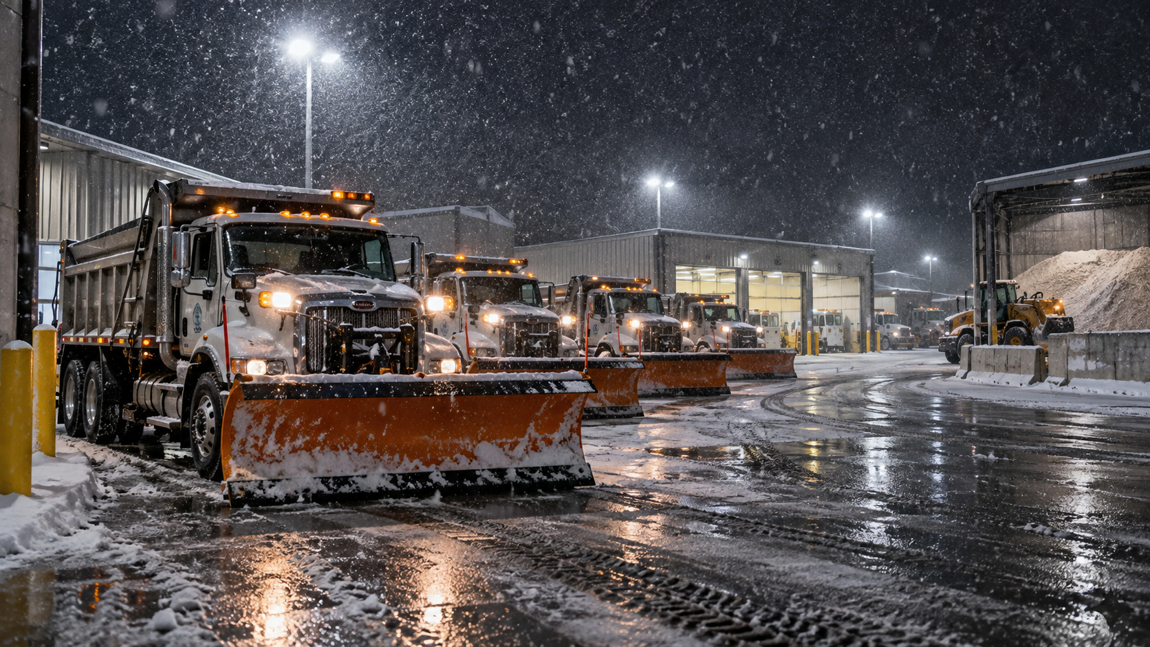 Plow trucks staged under yard lights at a public works depot during an overnight snowfall