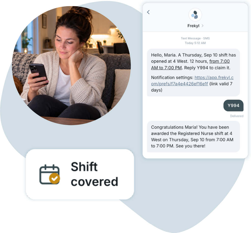 An employee receiving an SMS about an open shift, replying with the claim code, and being notified the shift is awarded, alongside a Shift covered confirmation card
