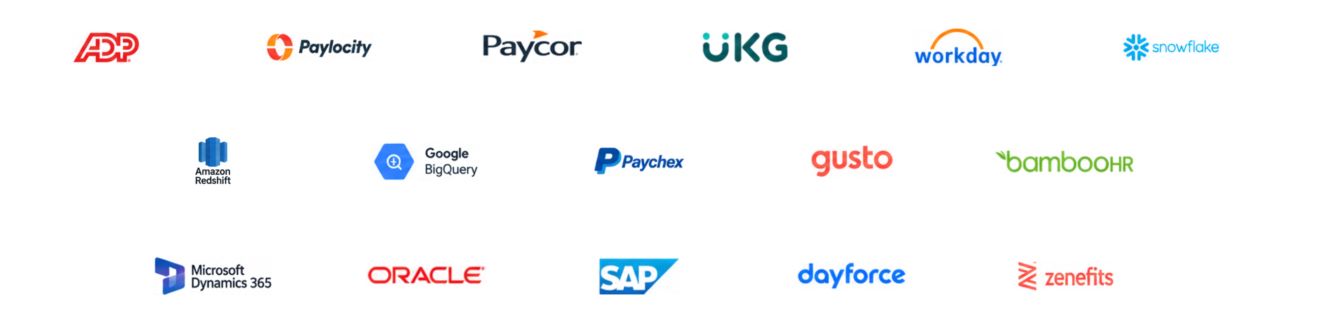 ADP, Paylocity, Paycor, UKG, Workday, Snowflake, Amazon Redshift, Google BigQuery, Paychex, Gusto, BambooHR, Microsoft Dynamics 365, Oracle, SAP, Dayforce and Zenefits all integrating with Frekyl