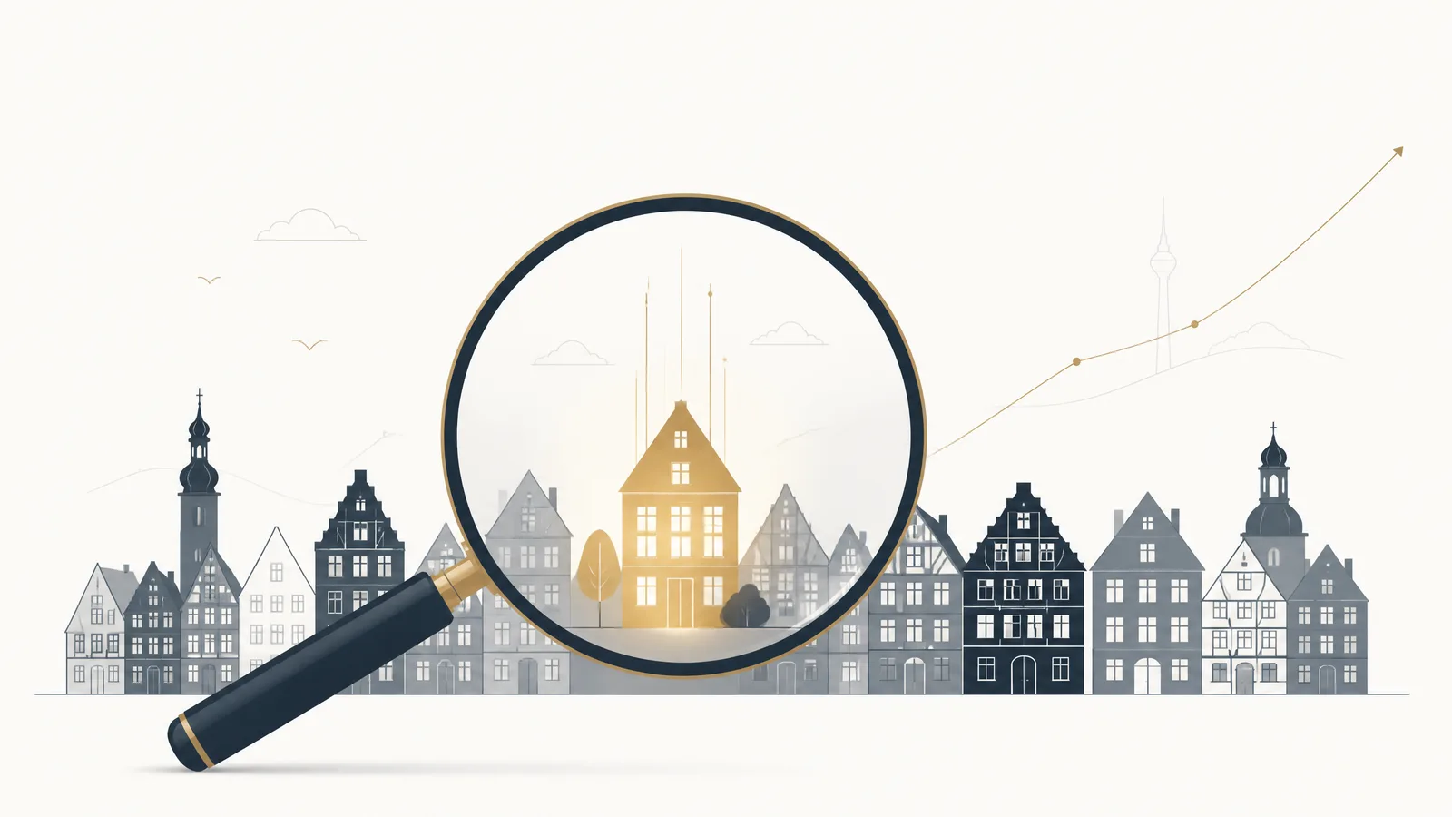 Illustration: Lupe über einer Stadtsilhouette, ein goldenes Maklerhaus sticht heraus – lokale SEO-Sichtbarkeit
