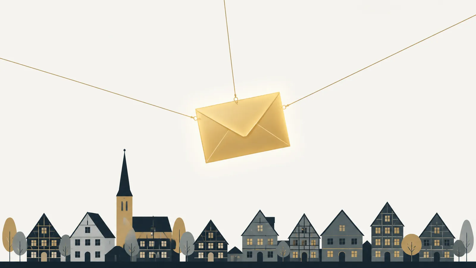 Illustration: Goldener Umschlag an drei Schnüren über Häuserzeile – geteilte Makler-Leads