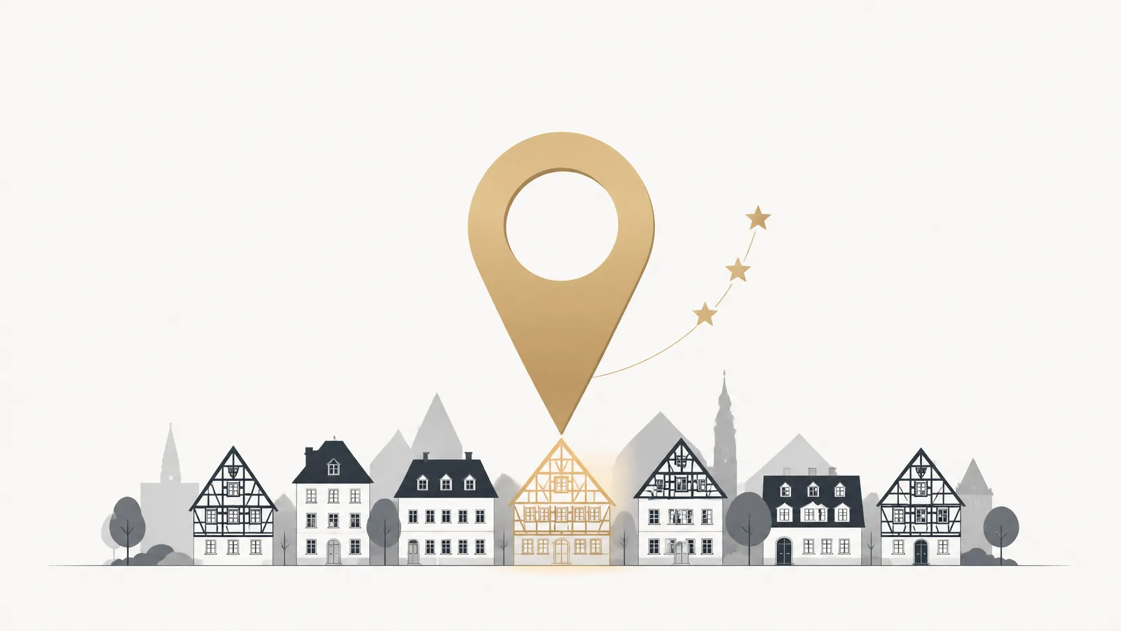 Illustration: Goldener Karten-Pin mit Sternen über Häuserzeile – Google-Maps-Ranking