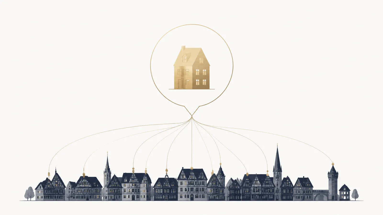 Illustration: Sprechblase mit goldenem Haus über der Stadt – ChatGPT empfiehlt einen Makler