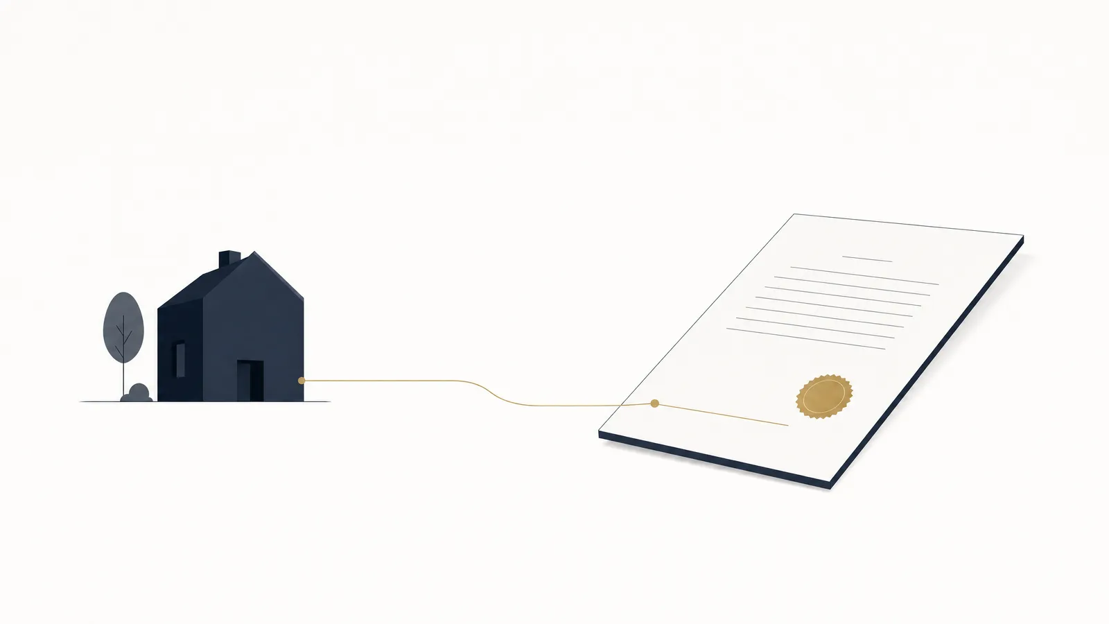 Illustration: Haus, goldener Faden und Vertrag mit Siegel – der Alleinauftrag als exklusive Vereinbarung