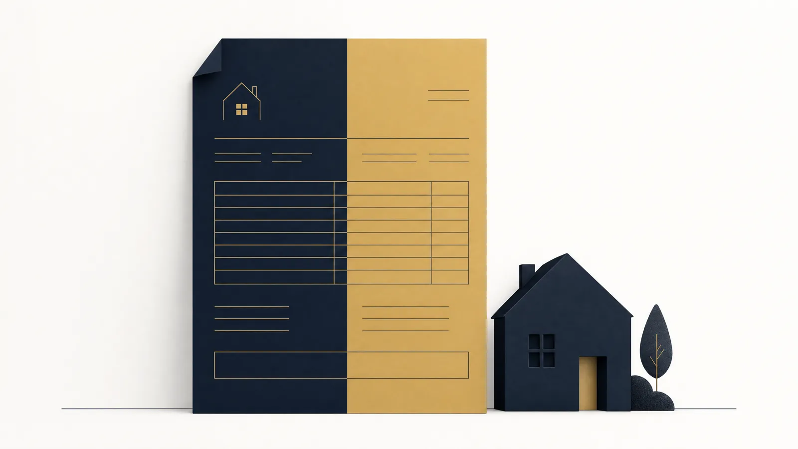 Illustration: Rechnung halb navy, halb gold neben einem Haus – BAFA-Zuschuss deckt die Hälfte