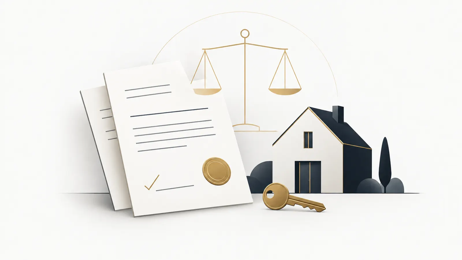 Illustration: zwei Vertragsdokumente mit Goldsiegel, Waage, Haus und Schlüssel