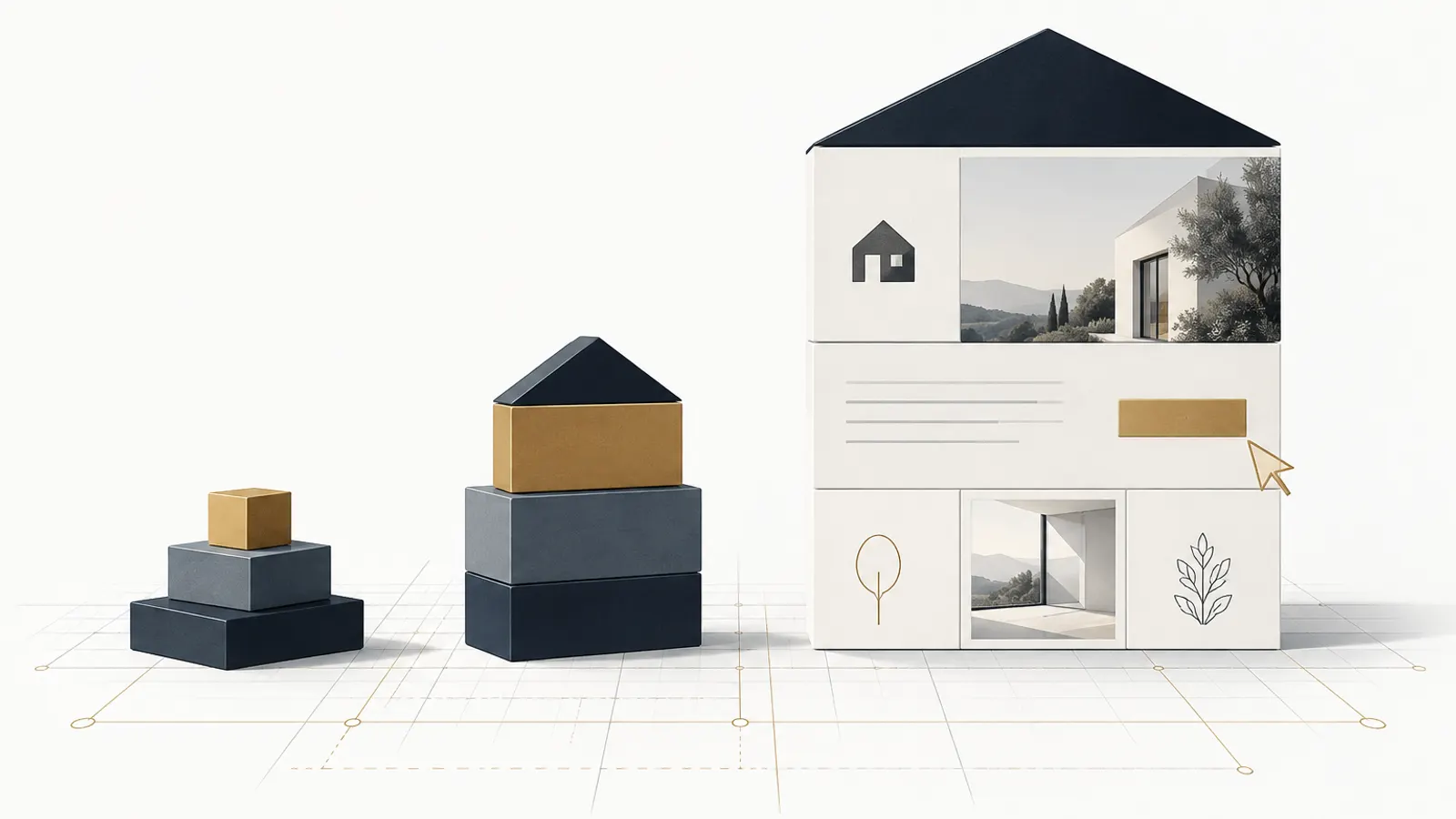 Illustration: drei Bausteinstapel wachsen zu einem Website-Layout mit Haus