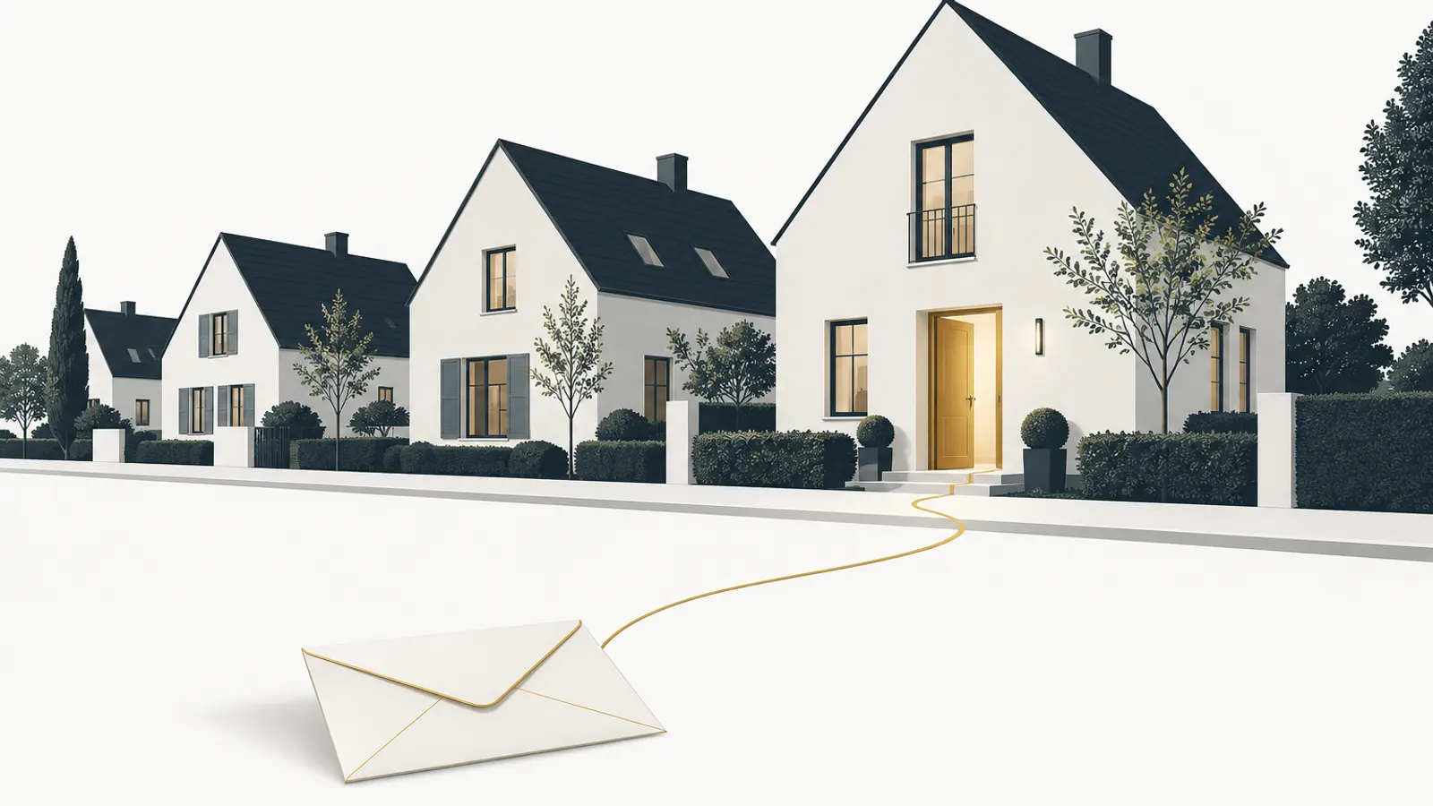 Illustration: Häuserreihe, goldener Pfad führt von einem Brief zur offenen Haustür
