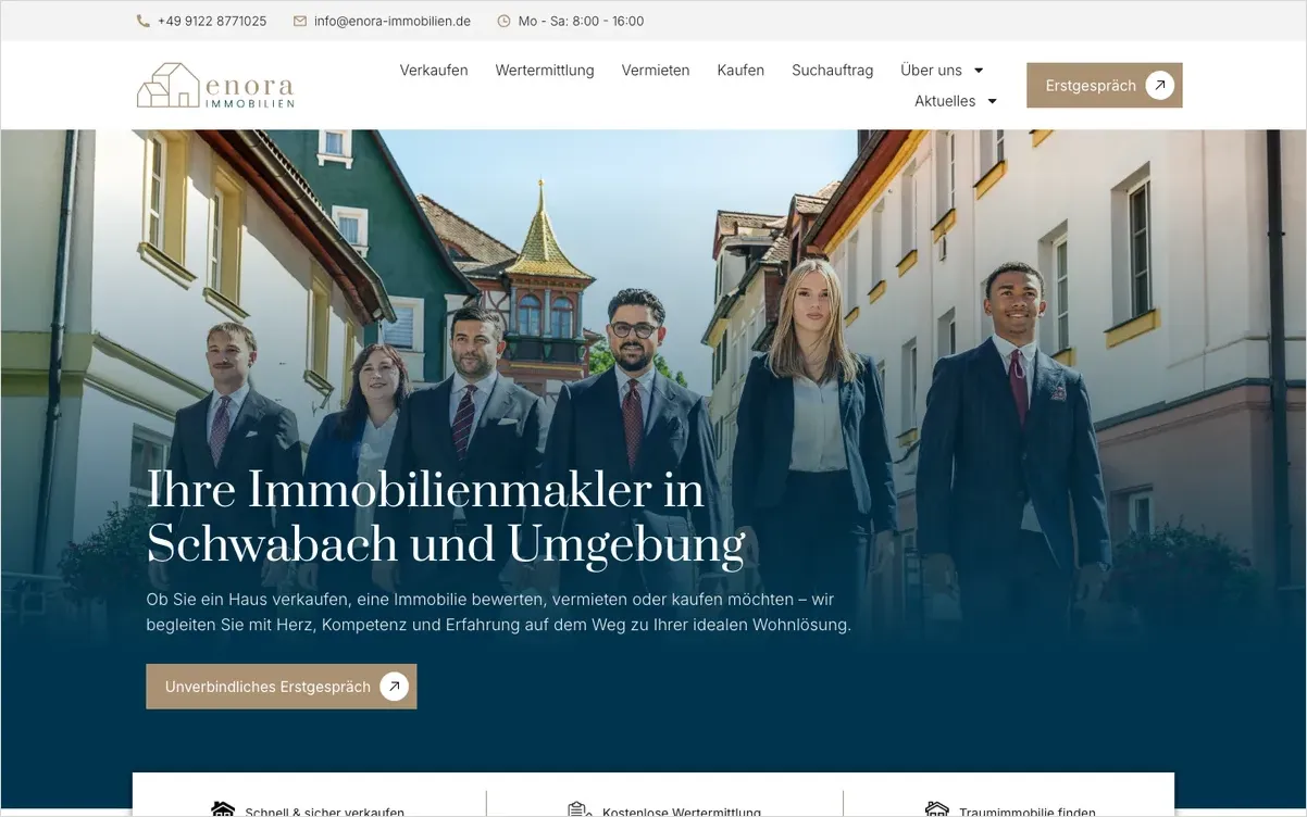 Startseite von enora Immobilien aus Schwabach mit dem Team in der Altstadt