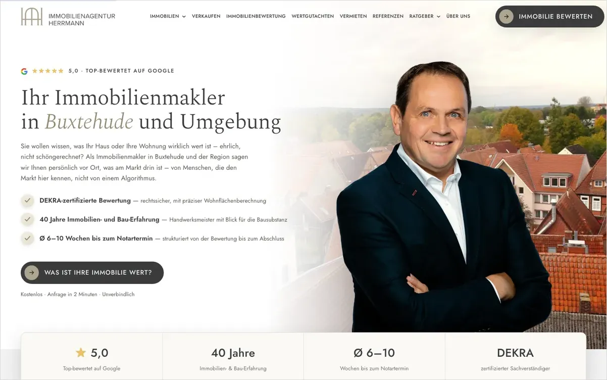Startseite der Immobilienagentur Herrmann aus Buxtehude mit Foto des Inhabers