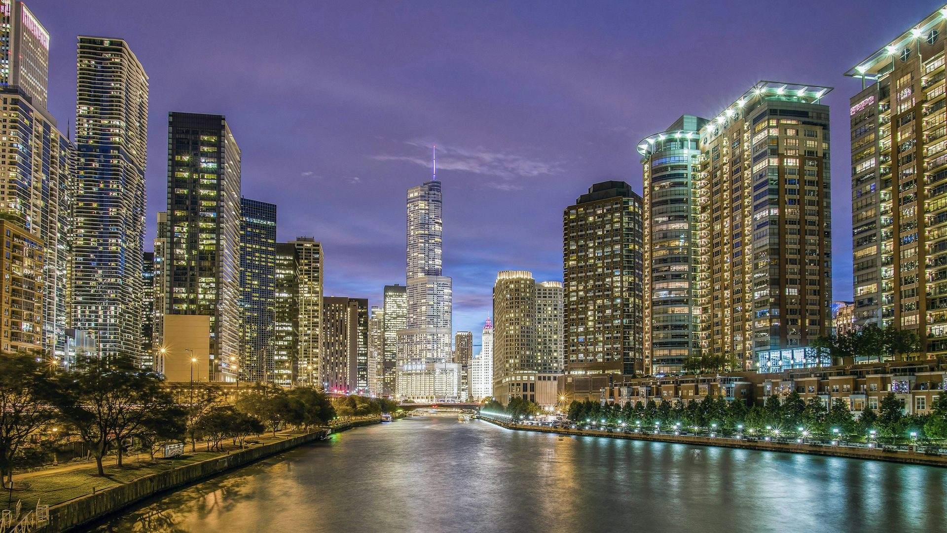 The Chicago River and downtown towers at dusk
