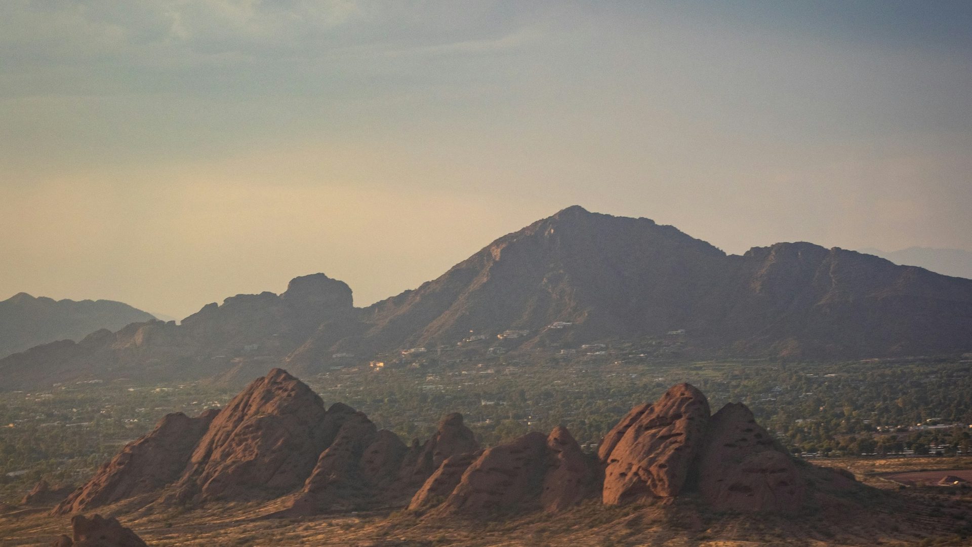 Papago Park buttes and Camelback Mountain in Scottsdale at sunset