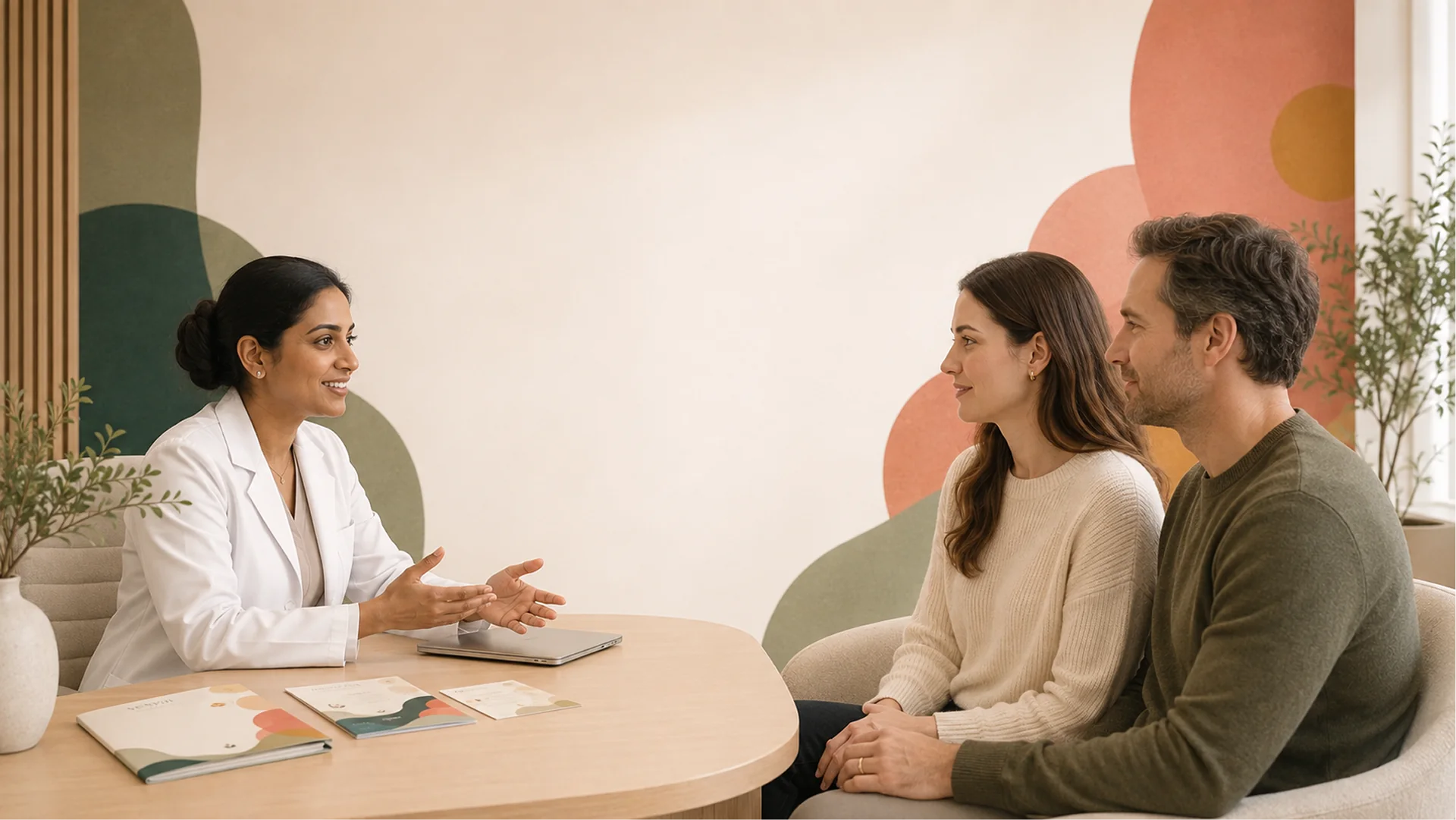 A couple talking with a doctor in a white coat at a round consultation table
