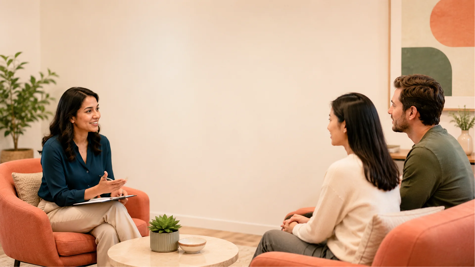A couple in armchairs talking with a Veya team member who is taking notes
