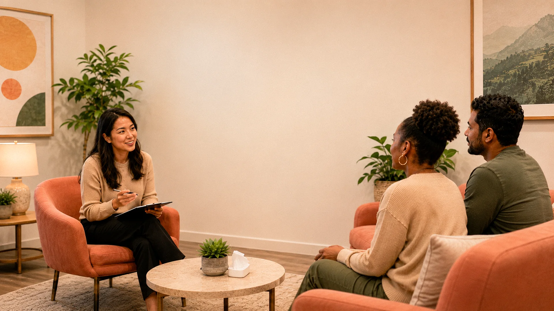 A couple sitting in armchairs talking with a Veya team member holding a clipboard