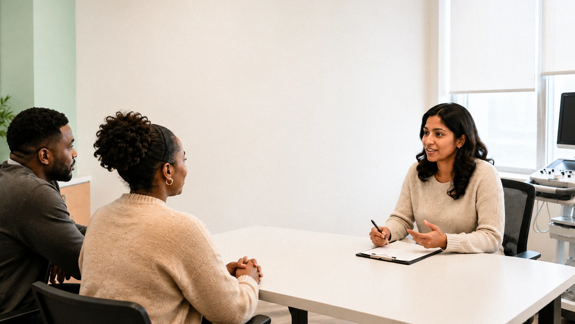 A couple at a desk with a Veya team member who is taking notes