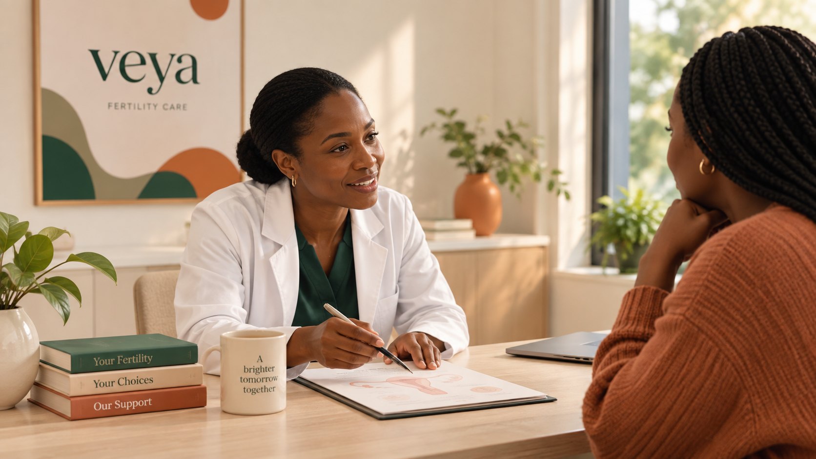 A Fertility Specialist talking with a patient across a desk at Veya