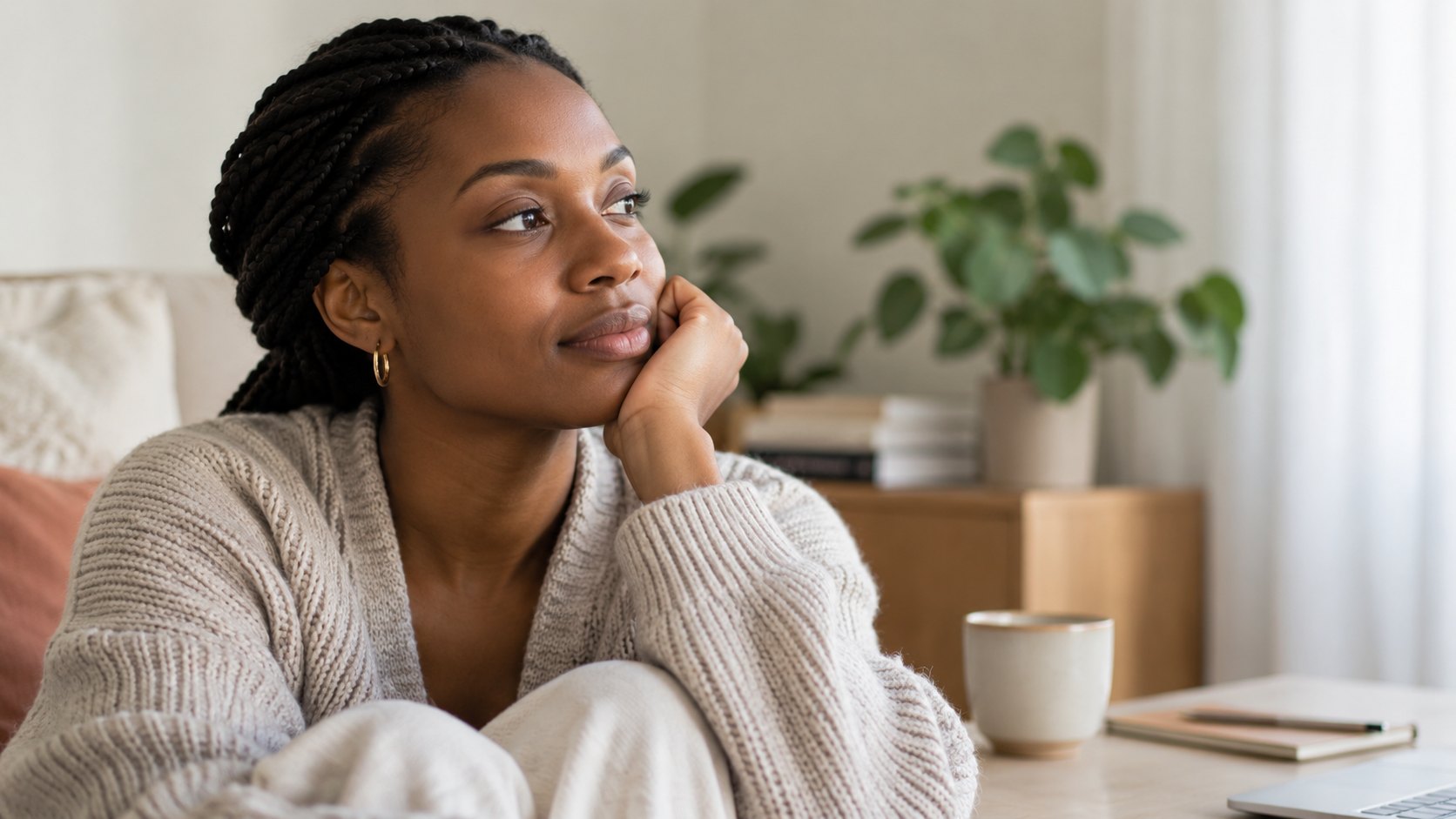 A young woman relaxing at home, thinking about her options