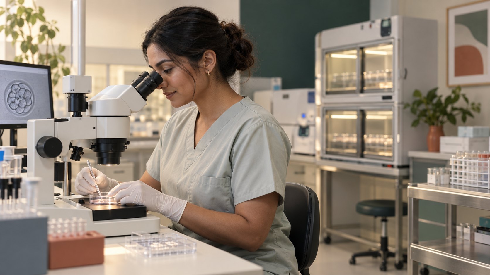 An embryologist working at a microscope in the Veya laboratory