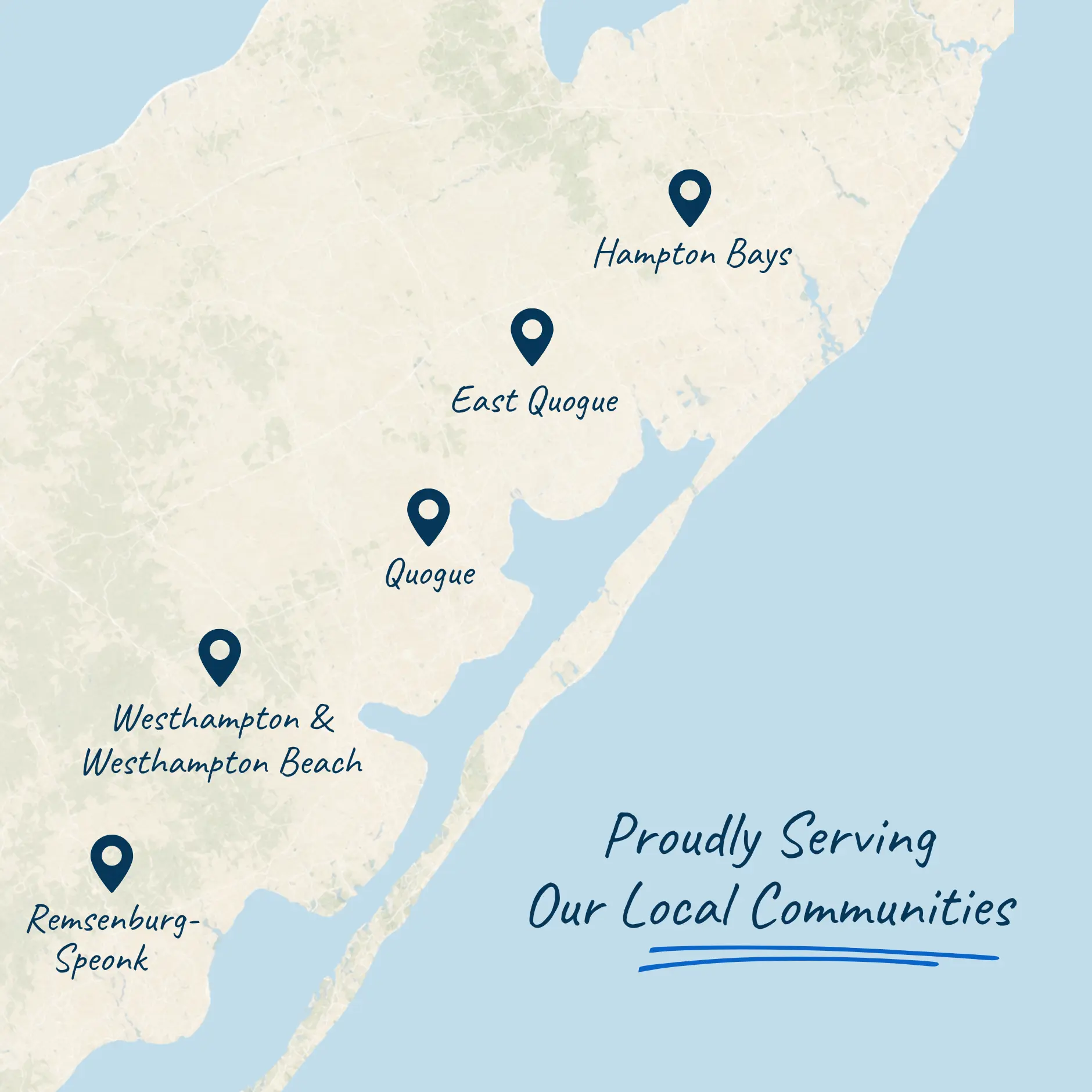Map showing locations marked with pins for Hampton Bays, East Quogue, Quogue, Westhampton & Westhampton Beach, and Remsenburg with text 'Proudly Serving Our Local Communities' in blue.