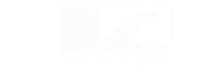 White logo with a stylized wave symbol above the text 'COVER CARE' on a black background.